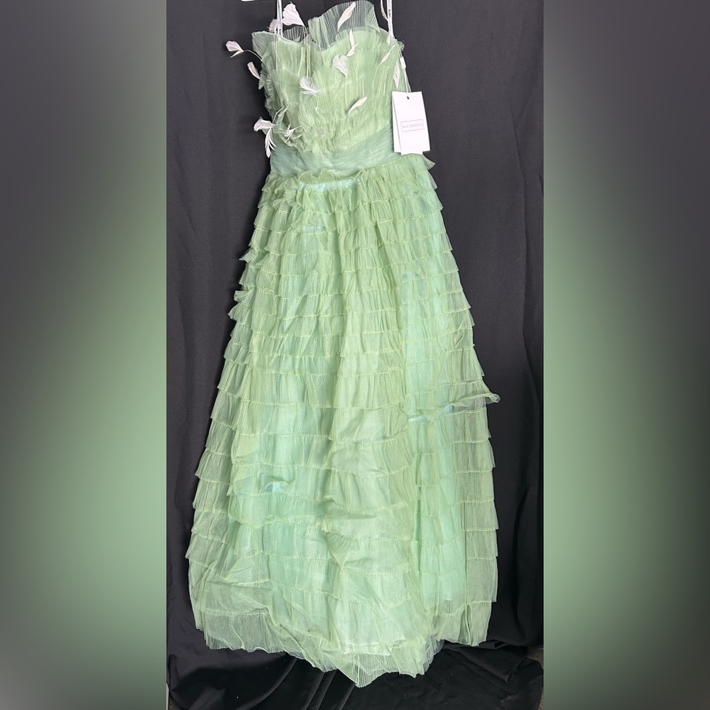 Mac Duggal 20530 NWT Strapless Ruffle Gown with Feathers in Sage - Picture 4 of 12